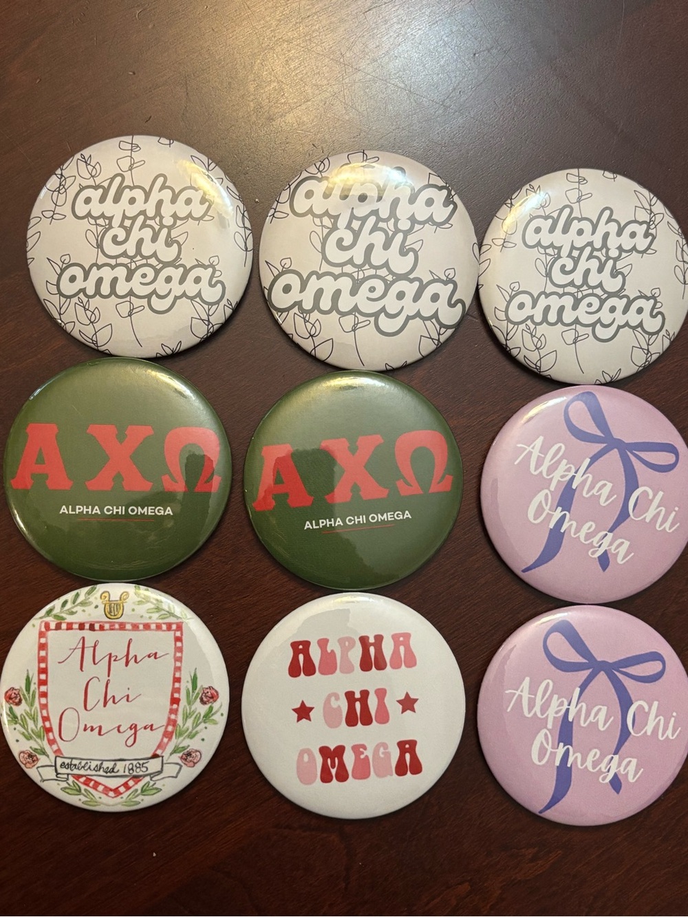 Alpha Chi Omega Buttons, Set of 9